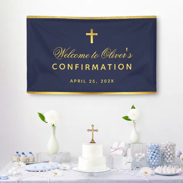 Boy Confirmation Navy Blue Faux Gold Cross Welcome Banner | Zazzle