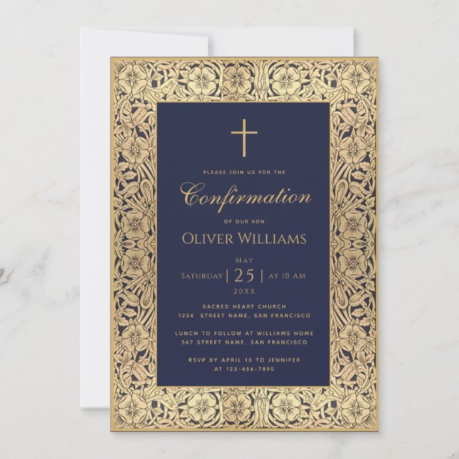 Boy Confirmation Navy Blue Gold Roses Frame Invitation (Front)