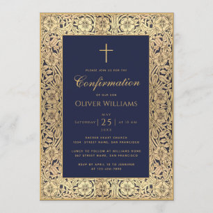 Boy Confirmation Navy Blue Gold Roses Frame Invitation