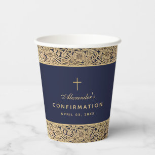 Boy Confirmation Navy Blue Gold Roses Vintage Paper Cups