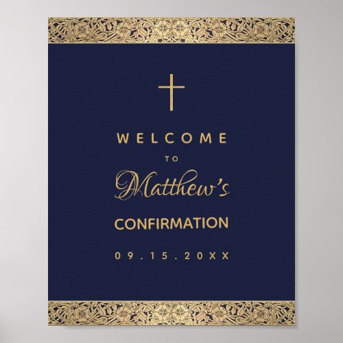 Boy Confirmation Navy Blue Gold Roses Welcome Poster