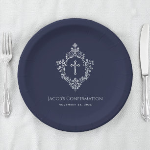 Boy Confirmation Navy Blue Vintage Cross in Crest Paper Plates