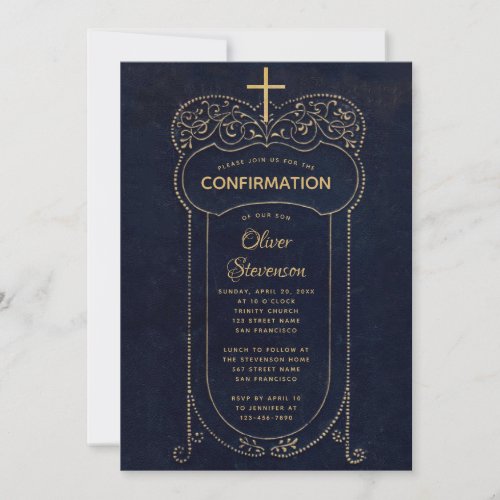 Boy Confirmation Navy Blue Vintage Elegant Script Invitation