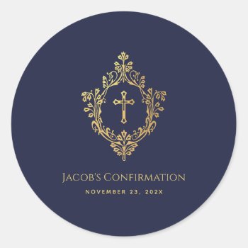 Boy Confirmation Navy Blue Vintage Faux Gold Crest Classic Round Sticker by RetroVintageStore at Zazzle