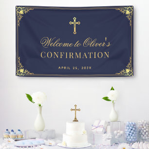 Boy Confirmation Navy Blue Vintage Faux Gold Cross Banner