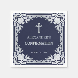 Boy Confirmation Navy Blue Vintage Faux Silver  Napkins