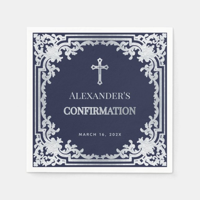 Boy Confirmation Navy Blue Vintage Faux Silver  Napkins (Front)