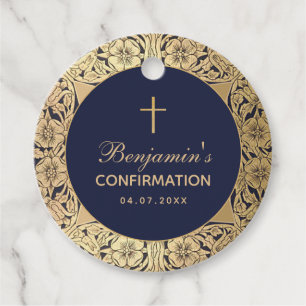 Boy Confirmation Navy Blue Vintage Gold Roses Favor Tags