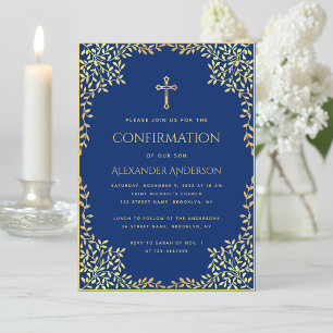 Boy Confirmation Royal Blue Faux Gold Leaves Cross Invitation