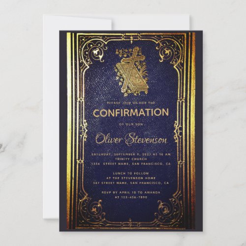 Boy Confirmation Vintage Blue Gold Book Elegant  Invitation