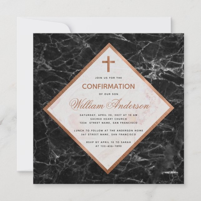 Boy Confirmation White Black Marble Copper Script Invitation (Front)