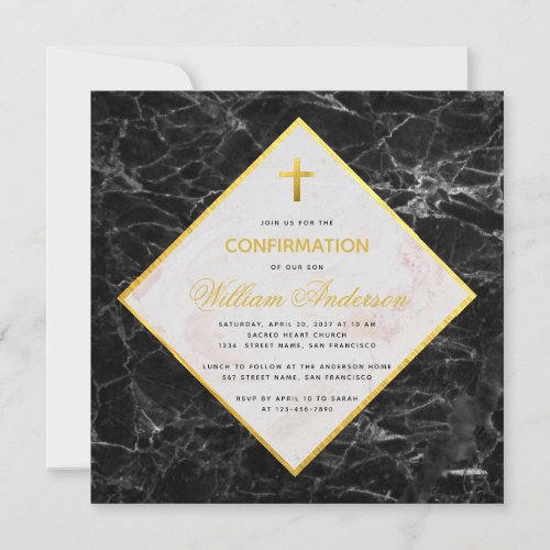 Boy Confirmation White Black Marble Faux Gold Foil Invitation