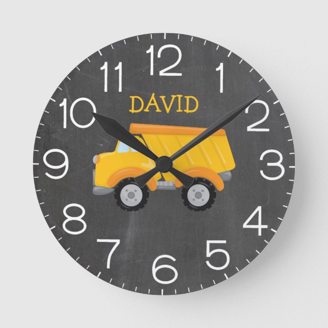 Boy Construction Personalized Yellow Dump Truck Round Clock (Front)