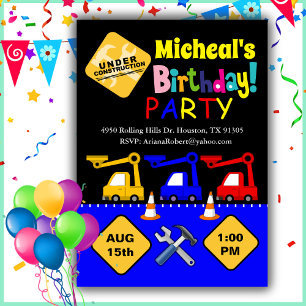 Boy Construction Truck Birthday  Invitation