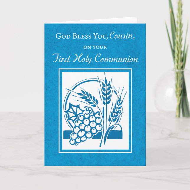 Boy Cousin First Communion, Wheat, Grapes Blue Card (Front)