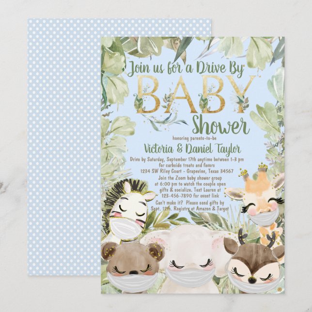 Boy Covid Animals With Masks Greenery Baby Shower Invitation (Front/Back)