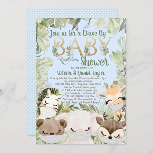 Boy Covid Animals With Masks Greenery Baby Shower Invitation