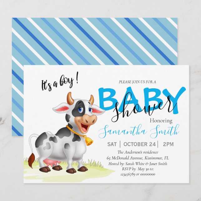 Boy cow Baby Shower Blue Invitation (Front/Back)