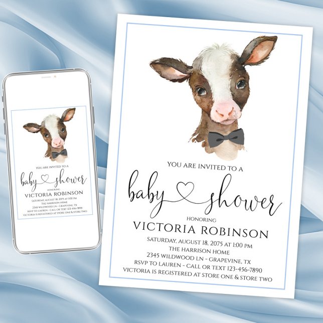 Boy Cow Farm Baby Shower Invitations (Boy cow baby shower invitation. Instant download and printed invitations available.)