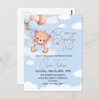 Boy cuddly bear baby shower invitation Postcard