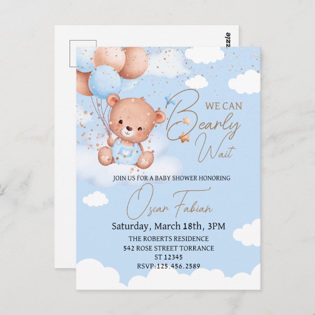 Boy cuddly bear baby shower invitation Postcard (Front/Back)