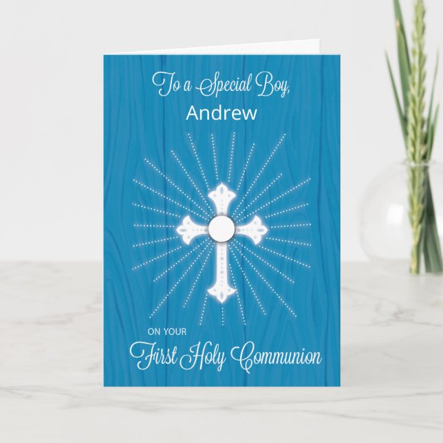 Boy Customizable Name First Communion Cross Card (Front)