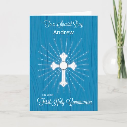 Boy Customizable Name First Communion Cross Card