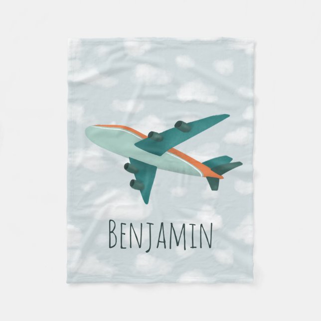 Boy Cute and Modern Blue Airplane Kids Fleece Blanket (Front)