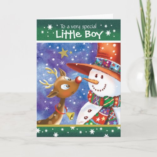 Boy Cute Baby Reindeer and Snowman Holiday Card