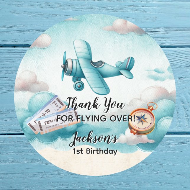 Boy Cute Blue Airplane Travel Kids Birthday Custom Classic Round Sticker (Creator Uploaded)