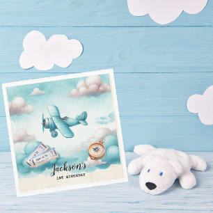 Boy Cute Blue Airplane Travel Kids Birthday Custom Napkins