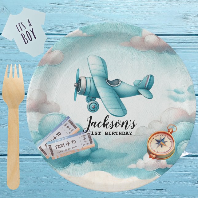 Boy Cute Blue Airplane Travel Kids Birthday Custom Paper Plates (Creator Uploaded)