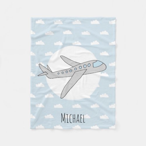 Boy Cute Blue Airplane with Name Kids Fleece Blanket