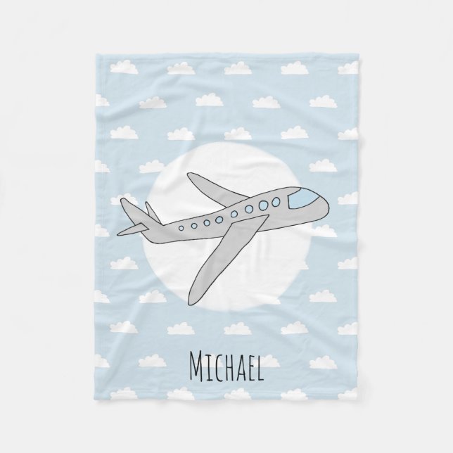 Boy Cute Blue Airplane with Name Kids Fleece Blanket (Front)