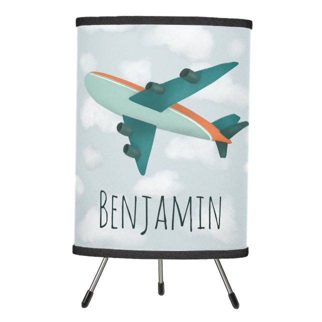 Boy Cute Blue Travel Airplane Kids Tripod Lamp (Front)