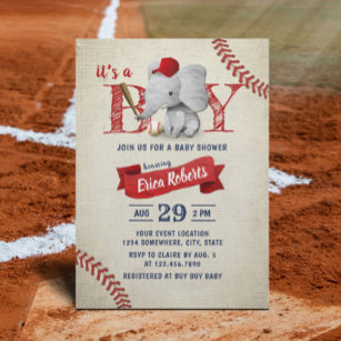 Boy Cute Elephant Baseball Baby Shower Invitation