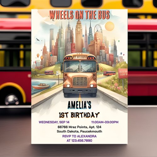 Boy Cute Girl Tour City Party Bus 1st Birthday Invitation