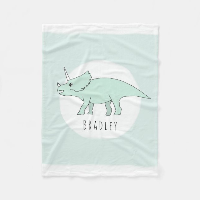 Boy Cute Green Triceratops Dinosaur and Name Kids Fleece Blanket (Front)