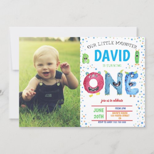 Boy Cute Little Monster First Birthday with Photo Invitation