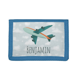Boy Cute Modern Blue Airplane Kids Travel Tri-fold Wallet