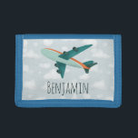 Boy Cute Modern Blue Airplane Kids Travel Trifold Wallet<br><div class="desc">This transport-themed airplane kids wallet design features a modern blue and orange airplane with a background of blue sky and clouds,  and can be personalized with your boy's name. Perfect for an aircraft and travel-loving child! Check out our store for other cute aeroplane designs.</div>