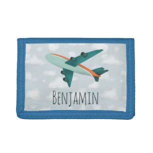 Boy Cute Modern Blue Airplane Kids Travel Trifold Wallet