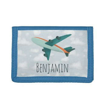 Boy Cute Modern Blue Airplane Kids Travel Trifold Wallet by Simply_Baby at Zazzle