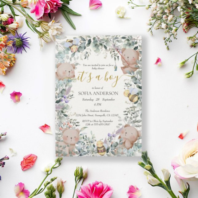 Boy Cute Watercolor Forest Bear Baby Shower Invitation (Creator Uploaded)