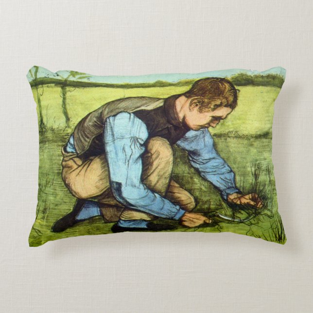 Boy Cutting Grass with Sickle by Vincent van Gogh Accent Pillow (Front)