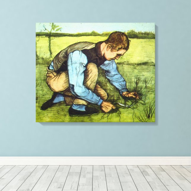 Boy Cutting Grass with Sickle by Vincent van Gogh Canvas Print (Insitu(Wood Floor))