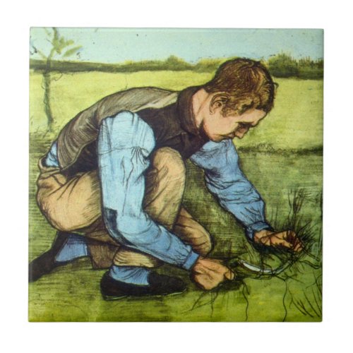 Boy Cutting Grass with Sickle by Vincent van Gogh Ceramic Tile