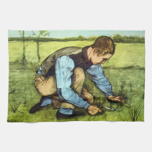 Boy Cutting Grass with Sickle by Vincent van Gogh Kitchen Towel