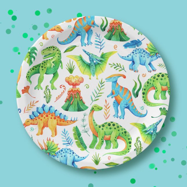 Boy Dino Party T rex, Stegosaurus, Triceratops Paper Plates (Watercolor Dinosaurs Green, Orange, Blue Paper Plates)