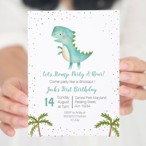 Boy Dinosaur Birthday Gold Mint Blue Invitation